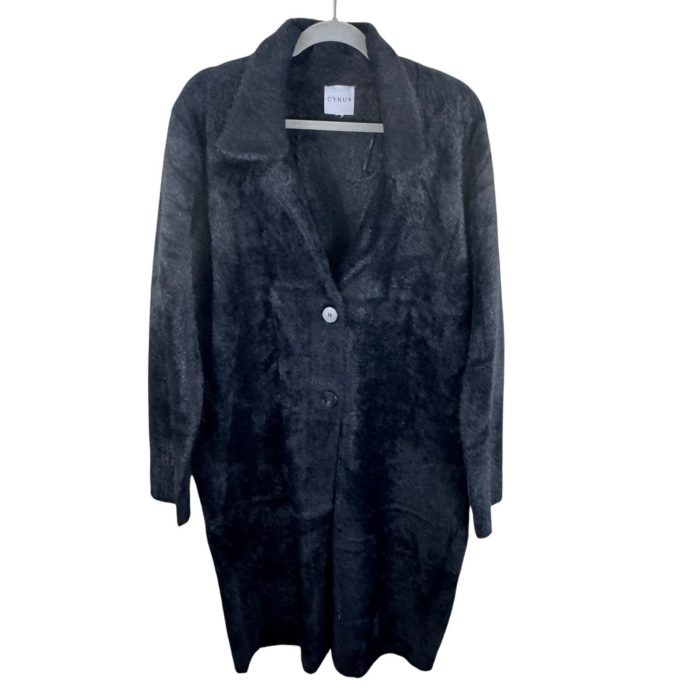 Cyrus Womens Black Fuzzy Longline Cardigan Heavyweight Coat Notched Lapel XL